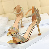 Zingj Sexy Banquet Summer Heels Women Shoes Thin Heel High Heel Open Toe Diamond Word Strap