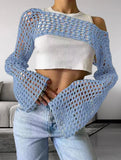Zingj New Women's Hand Hook Sweater Women's Casual Ultra-Short Horn Sleeve Sexy Grid Smock