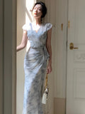 Holiday Print Satin Long Dresses for Women 2023 Summer New Elegant Party Fashion Backless Lace Up Female Clothing