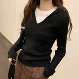 Lapel Folded Into Solid Color Long-Sleeved Knitted Sweater A New Style V-Collar Underwear In Autumn And