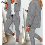 Autumn Casual Plaid Print Long Sleeve Blazer Coat & Drawstring Pants Set Two Pieces Suits Womens Elegant Ladies Tops