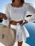 Solid Two Pieces Sets Women Square Collar Puff Sleeve Short Top High Waist Lace Up Shorts Casual Beach Loose Shorts
