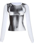 Print Crop Tee Shirts Women Fall Spring Y2K Korean Fashion Long Sleeve O-neck Skinny Top Tshirt