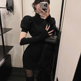 Sleeve Dress Women Solid Knitting Stretchy Skinny Cozy Sweet College Half High Collar Vacation Female Vestidos Sexy