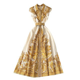 Zingj New Design Feel Lotus Leaf Edge Retro Lapel Medium-Long Style Waist Court Style Sleeveless Print Dress