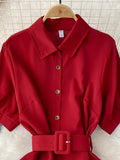 Vintage Green/Blue/Red Turn-Down Collar Single Breasted Dress Casual Short Sleeve High Waist A-Line Midi Robe New