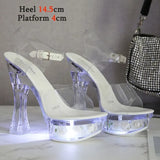 Square Heels Glowing Sandals Women Summer LED Flowers Transparent High Heels Shining Platform Thick Heel Ladies Banquet