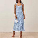 For Women Elegant Vintage Floral Dress Frill Sweetheart Neck Sleeveless Strap Tie Ruffle Hem Summer Beach