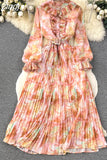 Autumn Bohemian Tie Dye Pleated Long Dress Women Elegant Stand Collar Ruffle Single Breasted Lantern Sleeve Draped