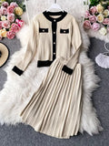 Autumn Women's Knitted 2 Piece Set Chic Office Ladies Single Breasted Cardigan Sweater + Pleated Knee-Length Skirt