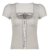 Lace Patchwork Square Neck Short Sleeve TeeOutfit