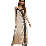 Zingj Silk Halter Sleeping Dress Female Summer Slit Lace Simulation Silk Sexy Home Pajamas