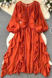 Autumn Women Irregular Ruffle Draped Midi Dress Vintage Yellow/Blue/Red O-Neck Puff Long Sleeve Vacation Beach Robe