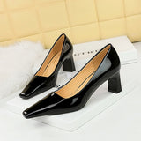 Zingj Fashion Simple High With Thick With Shallow Square Head Bright Patent Leather Commuting Versatile Women's Shoes Single