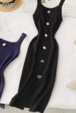 Summer Pink/Red/White/Black Women Knitted Dress Vintage High Waist Button Single-breasted Slim Casual Dress For Female