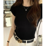 Version Of Simple Knitted Short-Sleeved T-Shirt Women's Spring And Summer New Minority Design Slim Full-Color