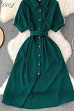 Vintage Green/Blue/Red Turn-Down Collar Single Breasted Dress Casual Short Sleeve High Waist A-Line Midi Robe New