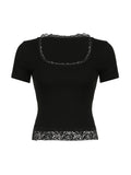 sleeve crop top with square neckline and lace