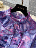 Autumn Bohemian Tie Dye Pleated Long Dress Women Elegant Stand Collar Ruffle Single Breasted Lantern Sleeve Draped