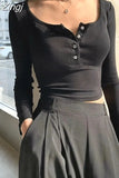 Women Spring Autumn Causal T-shirts Tops Slim Fit Base Tees Solid Color Long Sleeve Buttons Down T-shirts