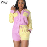Casual Summer Tracksuit Female Two Piece Set Striped Print Turn-Down Collar Long Sleeve Shirt Tops And Mini Shorts