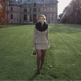Fur Collar Coat And Mini Skirt Set- Outfit