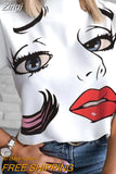2023 Women Summer Short Sleeve Pullover T-shirt Tops Female Personality Print Stand Collar Blouses Outfits Casual