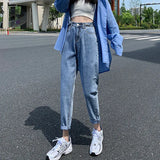 Zingj Jeans Women's Fall Women 2024 New High Waist Slim Versatile Loose Straight Dad Turnip Pants-Outfit