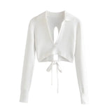 Sexy Fashion Back Open Bow Tie V-Neck Cropped Knitted Blouses Female Long Sleeve Short Shirts Girls Chic