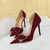 Zingj Korean Version Of Fashion High Heels With Super High Heel Shallow Mouth Tip Side Hollow Water Diamond Bow Single