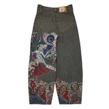 Ancient Bat Pattern Embroidered Loose Jeans Men's Street Y2K Pants Lazy