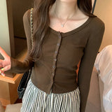 Short-Shouldered Long-Sleeved T-Shirt Women's New Autumn Cardigan Slim And Thin Round-Neck Bottomed