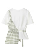 Womens T-shirt Korean Fake 2 Pieces Solid Patchwork Lattice Tops Short Sleeve Irregular O-neck Casual Tee Clothes