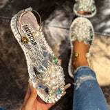 Temperament Pearl Flowers Wearing Flat-Soled Sandals Women's New Summer With Skirt Fairy Wind