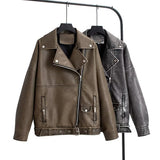 Zingj New Autumn Wear Wash PU Leather Lapel Loose Large Version Leather Coat