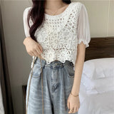 Women Office Lady Sweet Hollow Out Casual O-neck Puff Sleeve Trendy All-match Ins Popular Tops Tee Korean Style