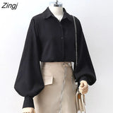 Women Lantern Sleeve Loose Turn-down Collar Simple Solid Feminino Blouses Minority Korean Style Autumn All-match