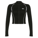 Zingj Letter Embroidered Long Sleeve T Shirt Women's Fall 2023 Bud Strip Zipper New Top INS Women's