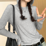 Hooded Solid Color Long-Sleeved T-Shirt Women's Early Autumn New Style Design Slim And Thin