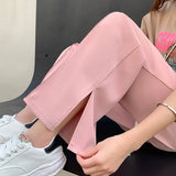 Summer Ice Silk Wide Leg Pants Women Korean Style High Waist Split Straight Trousers Simple Loose Drape Casual