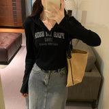 Hooded Printed Long-Sleeved T-Shirt Women's Autumn And Winter New Style Embellished Thin Short
