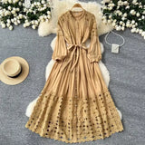 Retro Hollow Hook Lace Splicing Bow Strap With Waist Single Buckle Over Knee Dress New Autumn