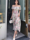 Women Summer Korea Style Off Shoulder Maxi Dress Slit Bodycon Party Elegant Evening Vintage Printed