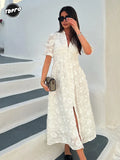 Women's Printed Single Breasted White Dress Fashion V-neck Short Sleeved Split Pleated Dresses 2024 New Ladies Vacation