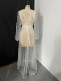 Pearl Long Sleeve Wedding Jacket Tulle Party Shawl BOLERO Floor-Length Bridal Cape Sexy pearl