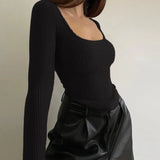 Zingj Women's Sexy Slim U Collar Pit Long-Sleeved T-Shirt Autumn Hot Style Simple Versatile