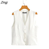 Women Simply Sleeveless White Vest Jacket Office Ladies Wear Single Breasted Slim WaistCoat Leisure Outwear Tops