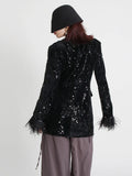 2025 New V-Neck Long Sleeve Sequin Ostrich Splicing Suit
