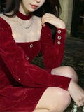 Hot Girl Red Velvet Dress Women's Autumn/Winter Christmas Square Collar Long-sleeved Slim Fit A-line Dress Female
