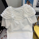 Chic Sweet 3D Flowers Shirts for Women 2022 Spring Summer Short Sleeve Graphic T Shirts Causal O-neck Korean
